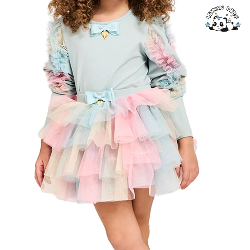 LEZONKIDS - Color Size Customization Light Blue Weeding Party Kids Set  2024 Girl Clothing Spring Set